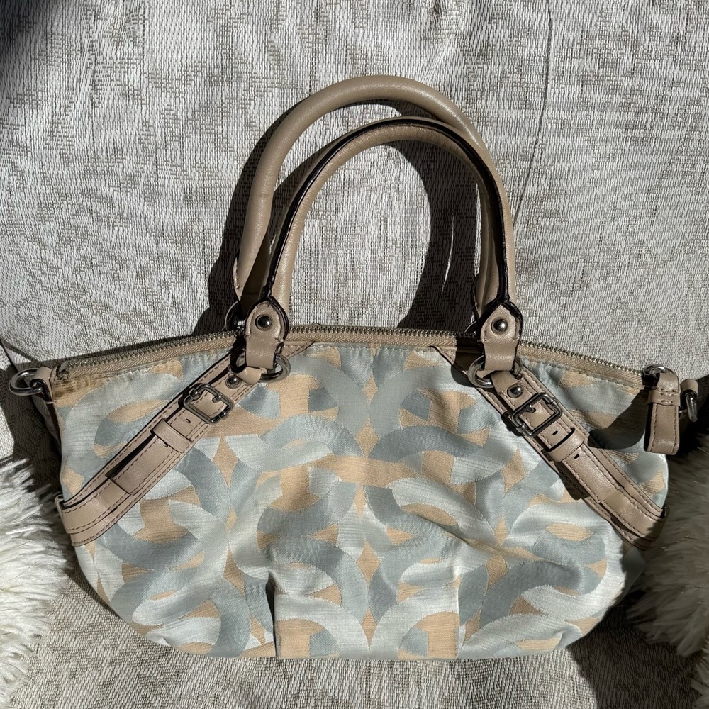COACH Madison Shantung Chainlink Sophia Satchel Silver Bay Mist Leather Trim EUC - Picture 2 of 10